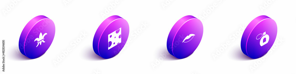 Set Isometric Fleur De Lys, Cheese, Smiling lips and Perfume icon. Vector