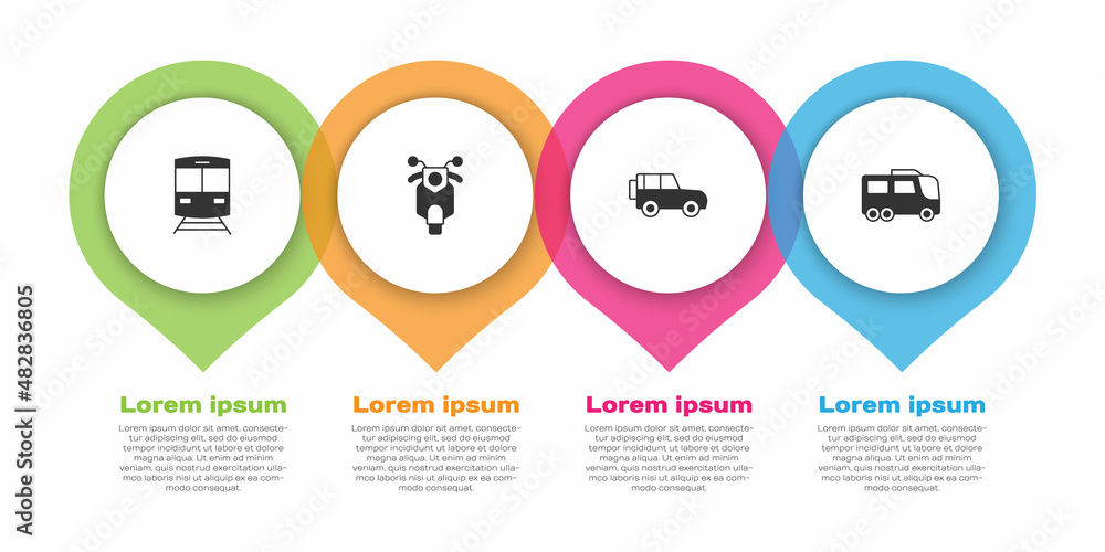 Set Train and railway, Scooter, Off road car and Bus. Business infographic template. Vector