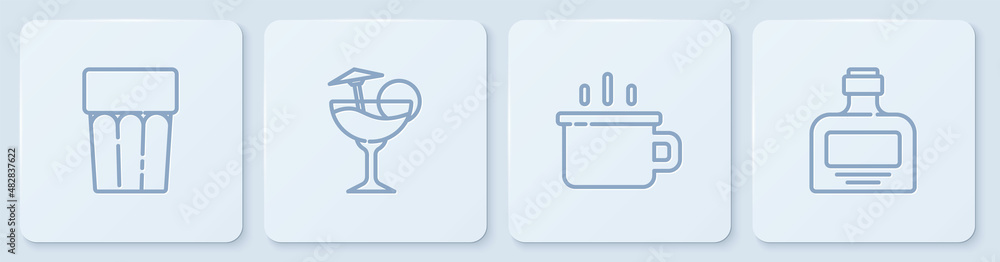 带水、咖啡杯、鸡尾酒和威士忌瓶的玻璃套装。白色方形按钮。矢量