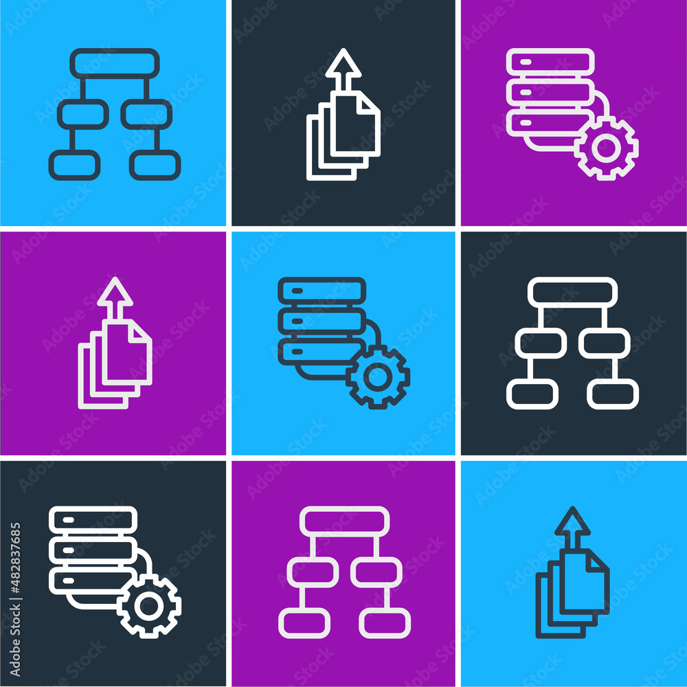 Set line Hierarchy organogram chart, Server and gear and Data export icon. Vector