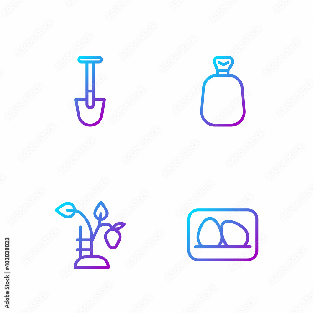 Set line Chicken egg, Strawberry bush, Shovel and Full sack. Gradient color icons. Vector