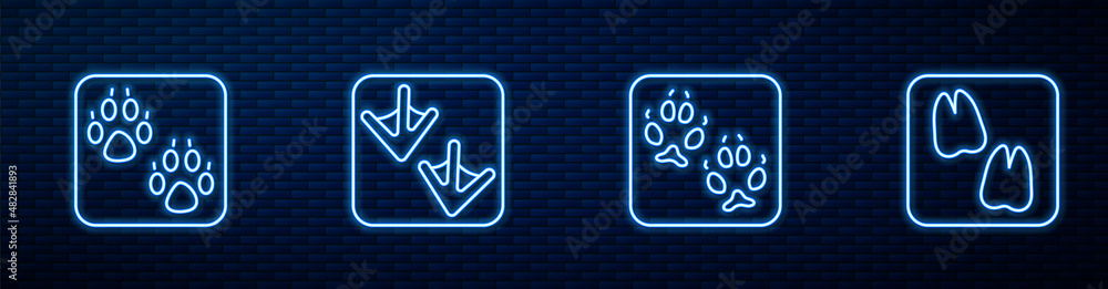 Set line Fox paw footprint, Paw, Goose and Camel. Glowing neon icon on brick wall. Vector