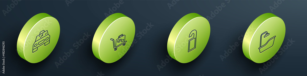 Set Isometric line Taxi car, Trolley suitcase, Please do not disturb and Bathtub icon. Vector