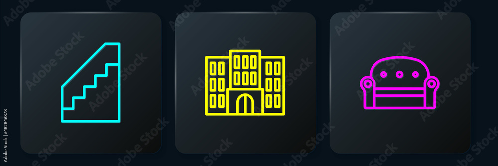 Set line Stairs, Sofa and Hotel building. Black square button. Vector