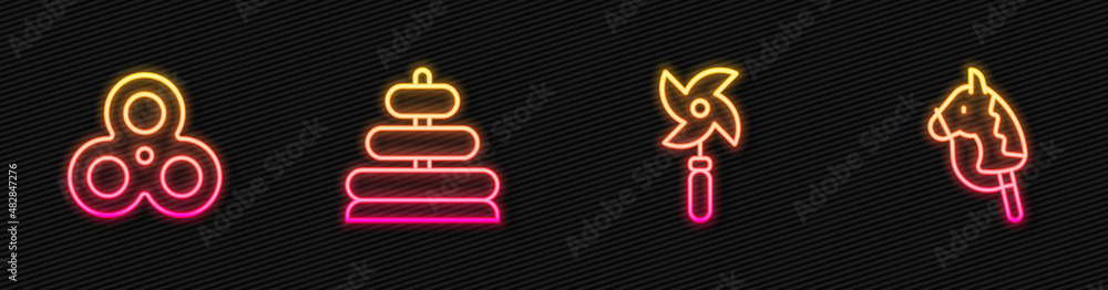 Set line Pinwheel toy, Fidget spinner, Pyramid and Toy horse. Glowing neon icon. Vector