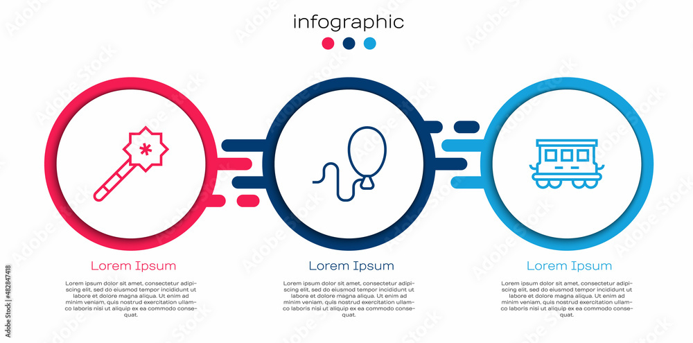 设置线魔杖、气球和客运火车车厢玩具。商业信息图模板。矢量