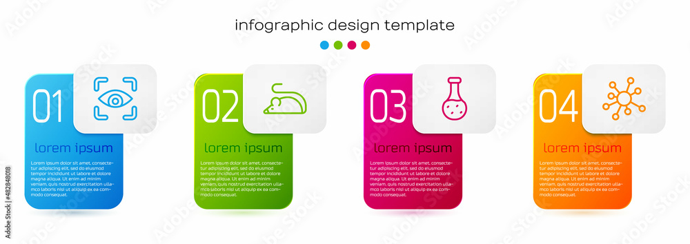 Set line Eye scan, Experimental mouse, Test tube and Molecule. Business infographic template. Vector