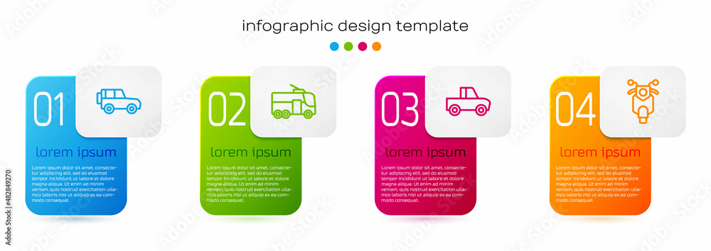 Set line Off road car, Trolleybus, Pickup truck and Scooter. Business infographic template. Vector