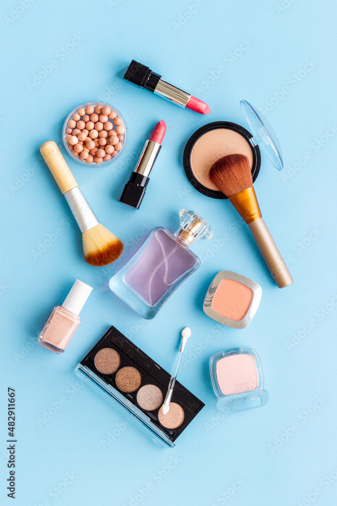 Beauty products set of makeup cosmetic with powder and brushes