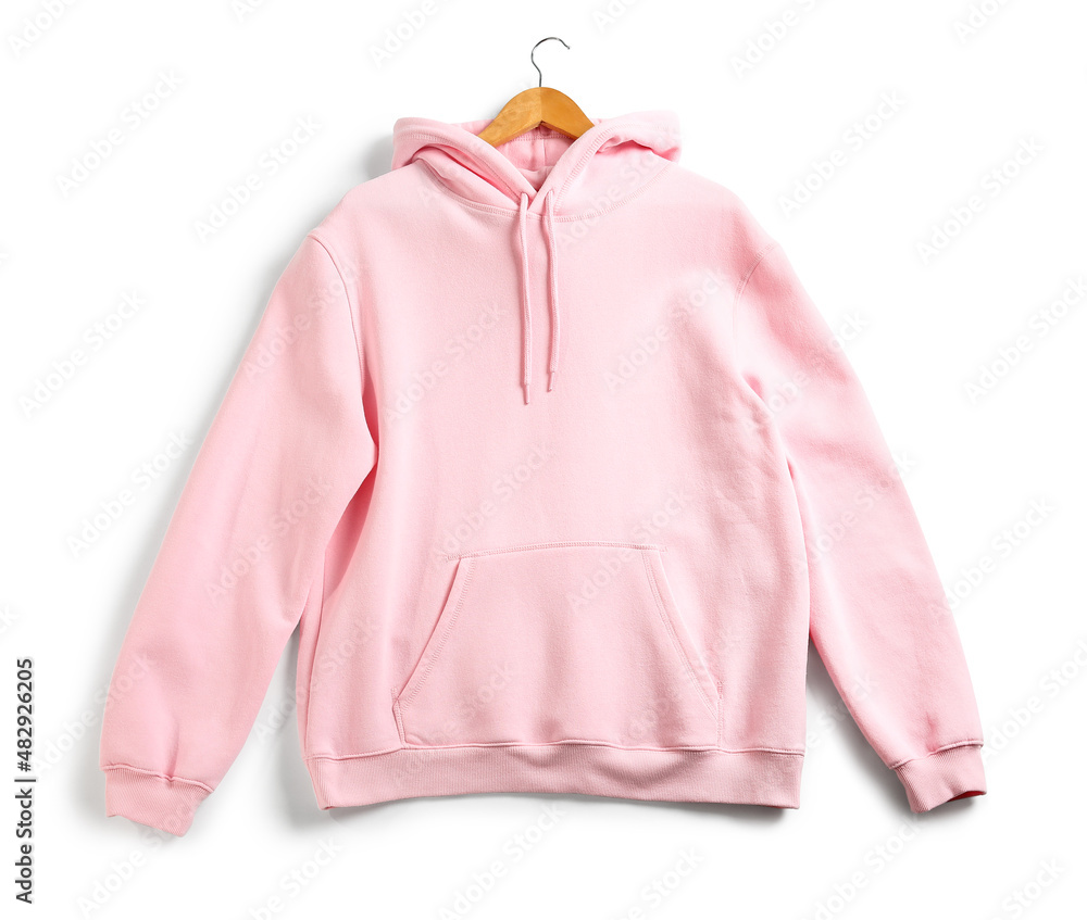 Stylish pink hoodie on white background