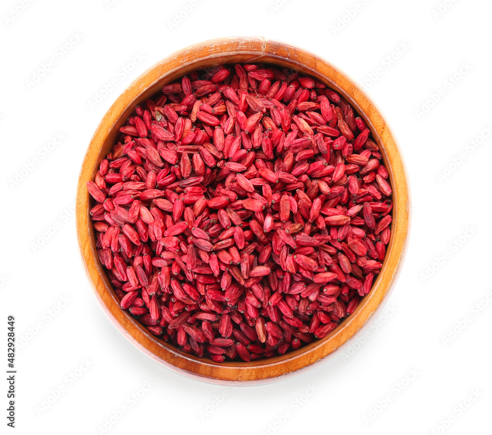 Bowl with dried barberries on white background