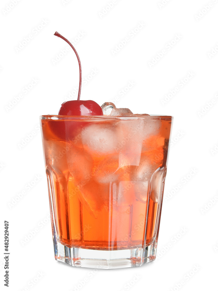 Glass of tasty Manhattan cocktail with cherry and ice on white background