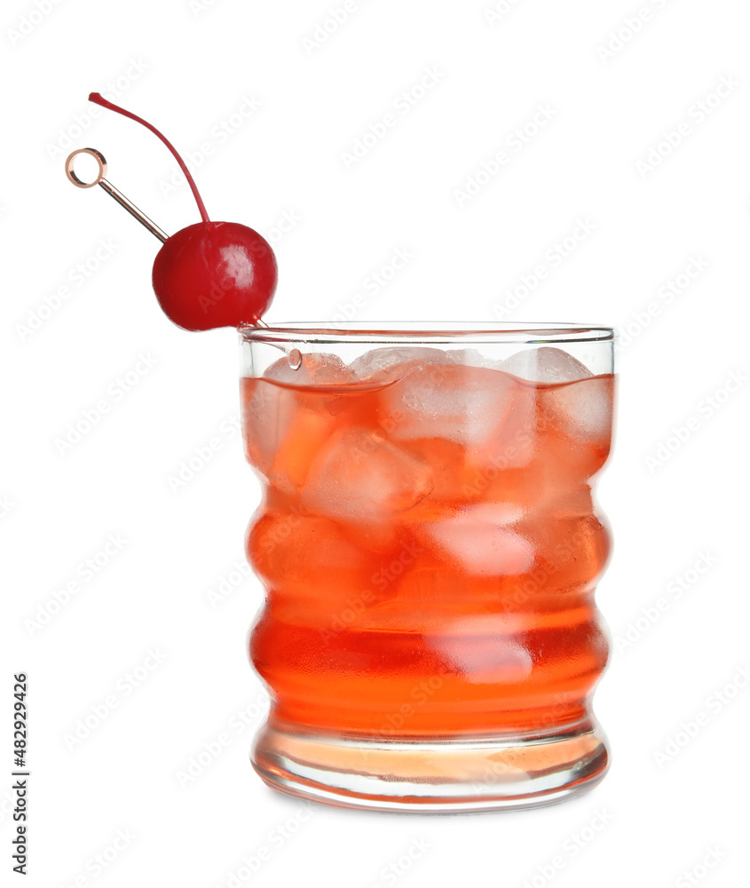 Glass of tasty Manhattan cocktail with cherry and ice on white background