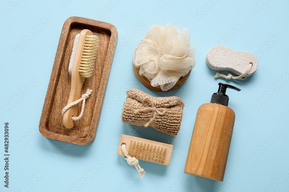 Set of different bath supplies on color background