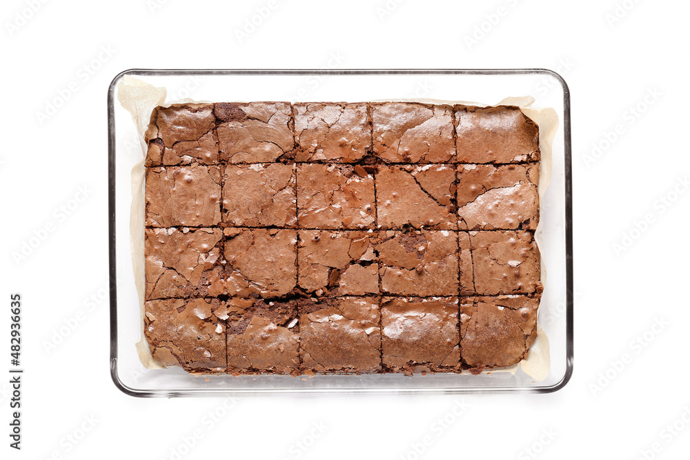 Baking dish with tasty chocolate brownie isolated on white background