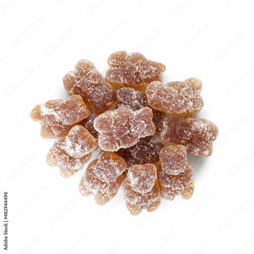 Heap of brown jelly bears on white background