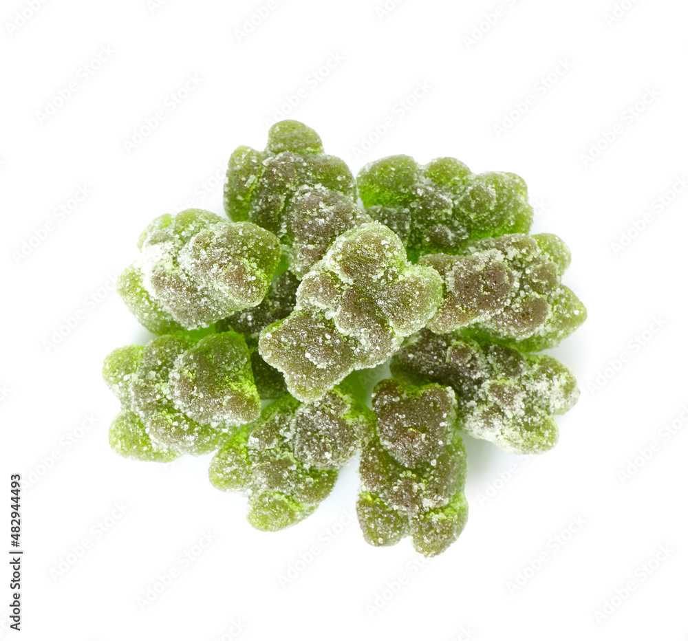 Heap of green jelly bears on white background