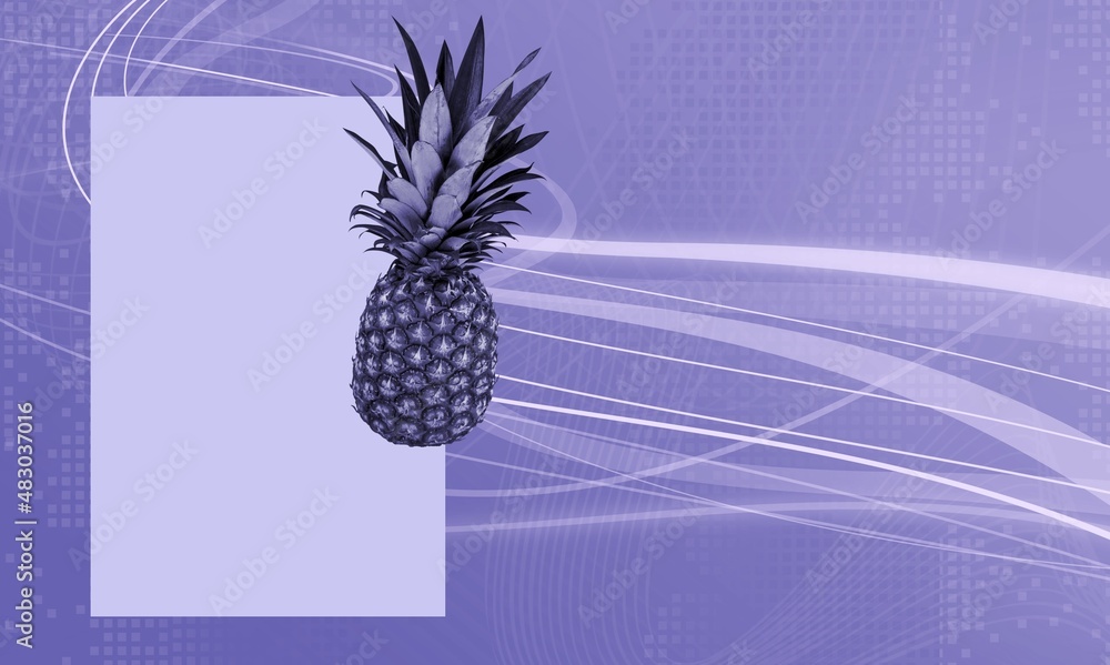 Fresh juicy tropical fruit pineapple on violet background. Creative card in trendy color 2022 Very P