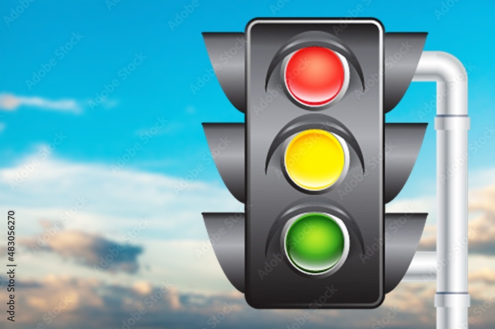 A traffic light on a blue sky with clouds, with all three lights on, green, orange and red.