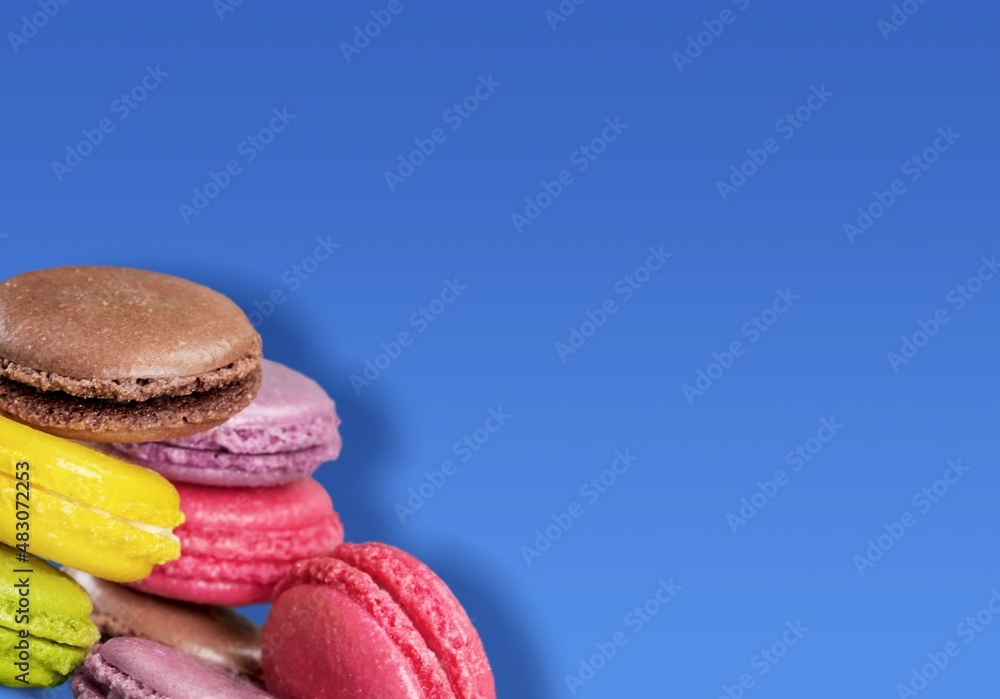 Tasty sweet macarons cakes of different colors. Culinary and cooking concept.