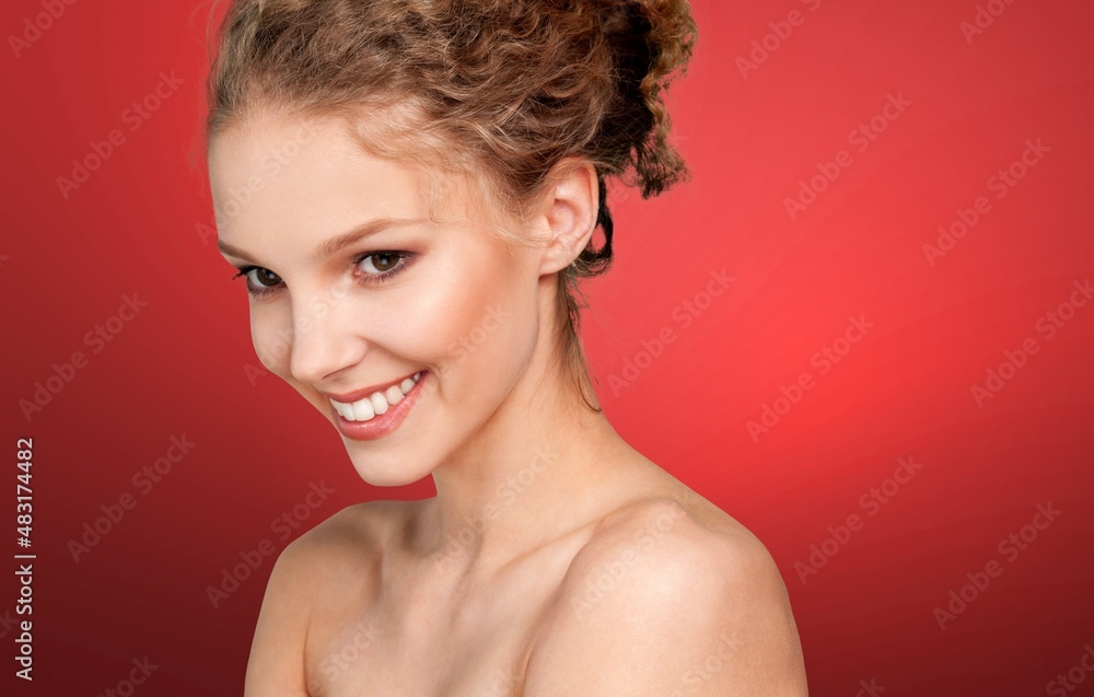 Holidays and women beauty concept. Beautiful smiling woman, new year eve sale concept