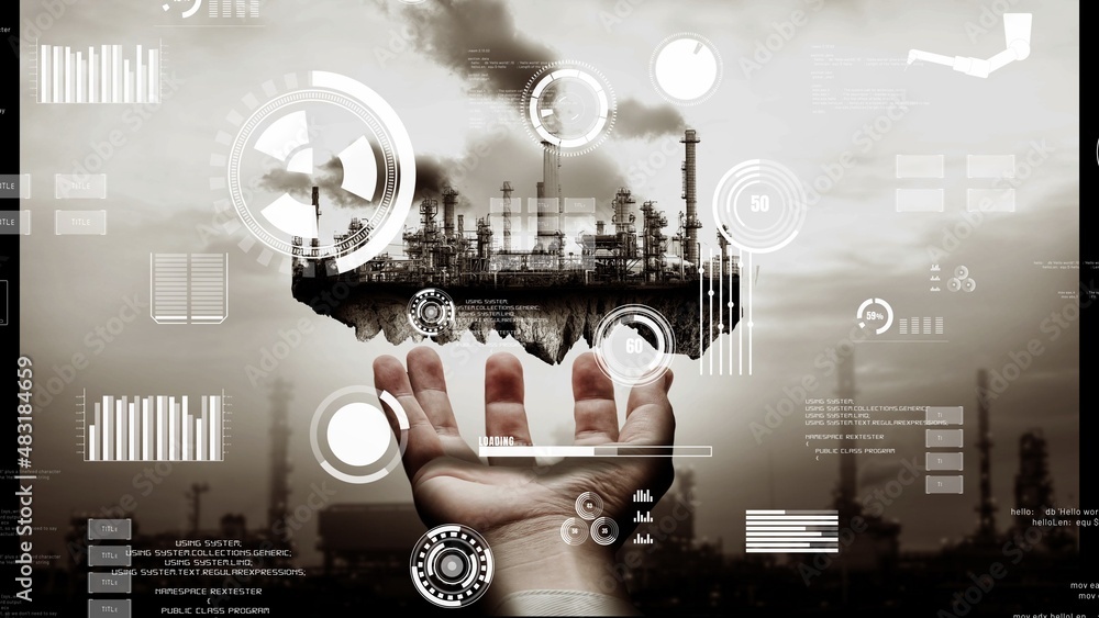 Future factory plant and inventive energy industry concept in creative graphic design. Oil, gas and 