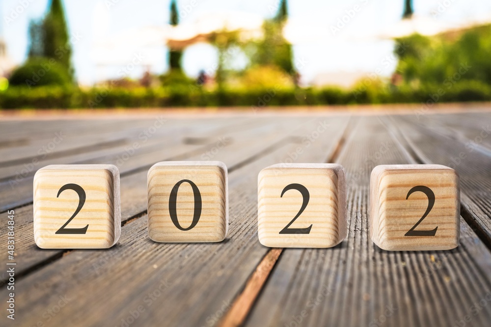 Goodbye year. Wooden blocks with numbers 2022 on nature background