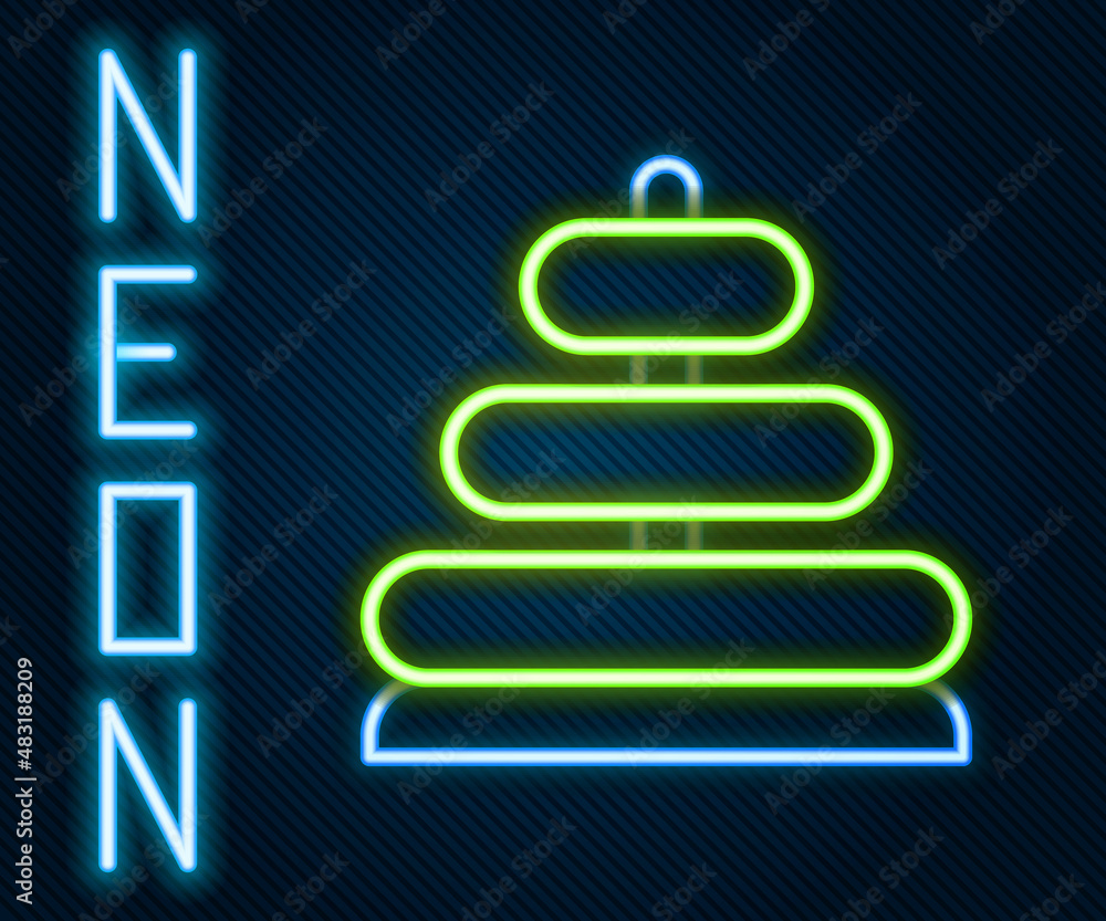 Glowing neon line Pyramid toy icon isolated on black background. Colorful outline concept. Vector