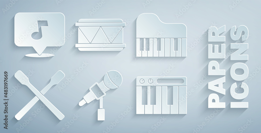设置麦克风、大钢琴、鼓槌、音乐合成器和音符、音调图标。矢量