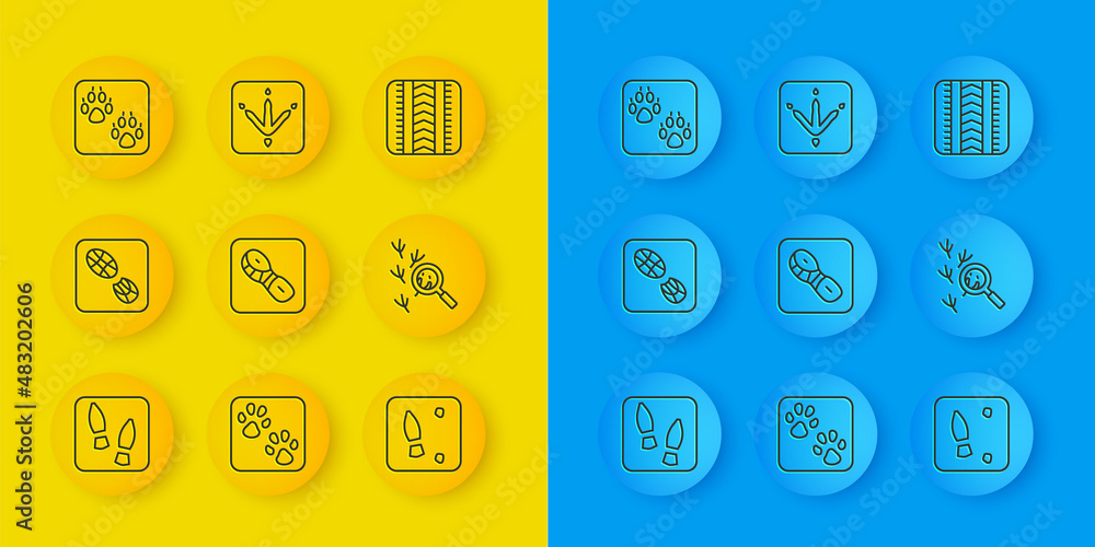 Set line Human footprints shoes, Bird, Paw, Tire track and Chicken paw icon. Vector