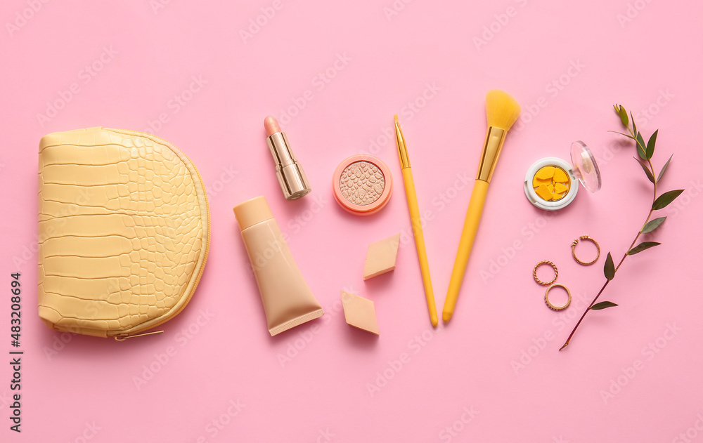 Decorative cosmetics on pink background