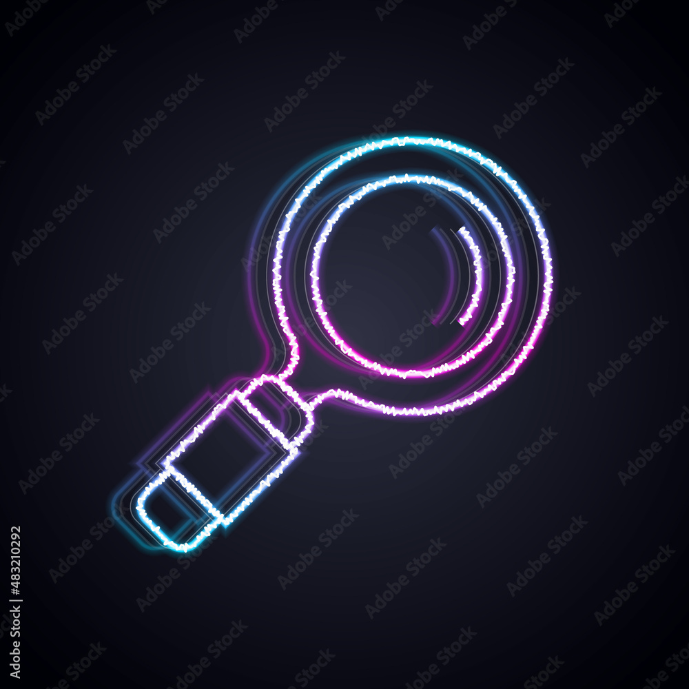 Glowing neon line Magnifying glass icon isolated on black background. Search, focus, zoom, business 