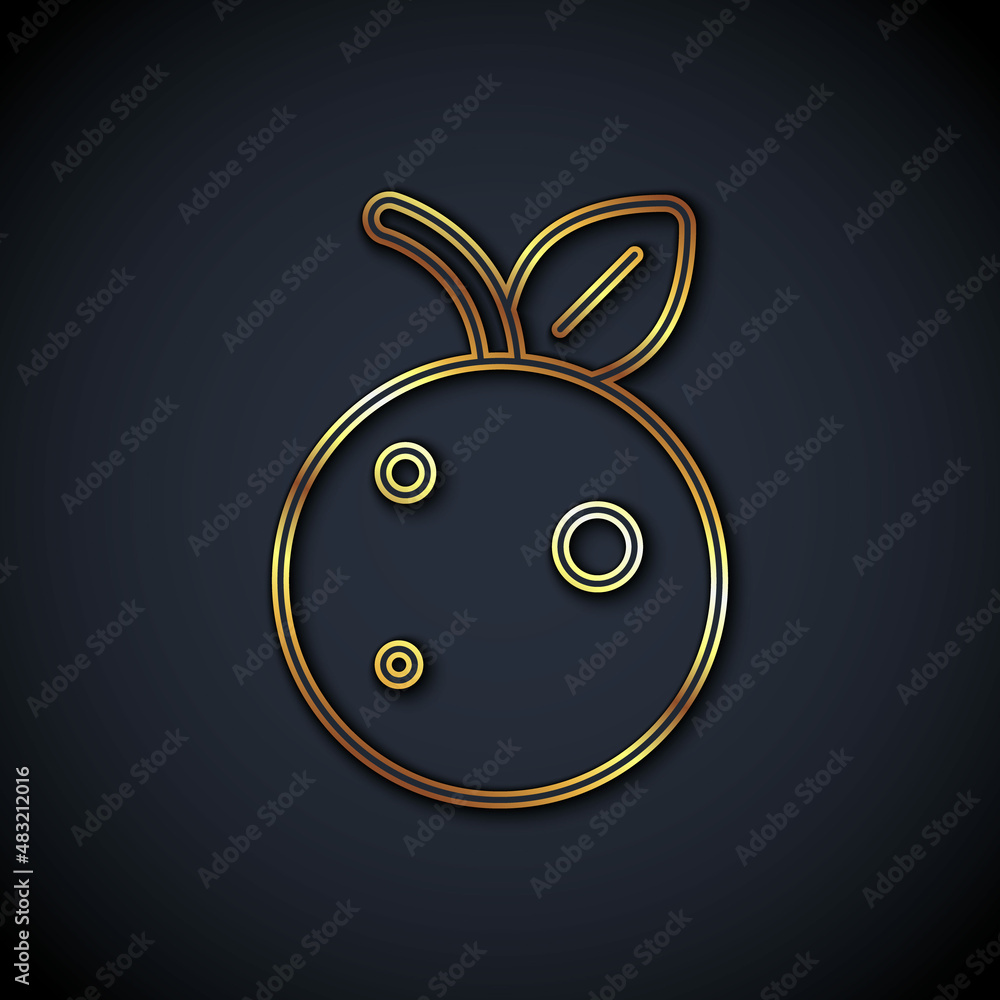 Gold line Peach fruit or nectarine with leaf icon isolated on black background. Vector