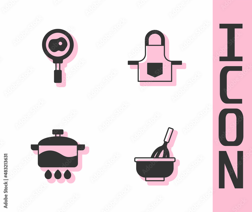 Set Kitchen whisk with bowl, Fried eggs on frying pan, Cooking pot and apron icon. Vector