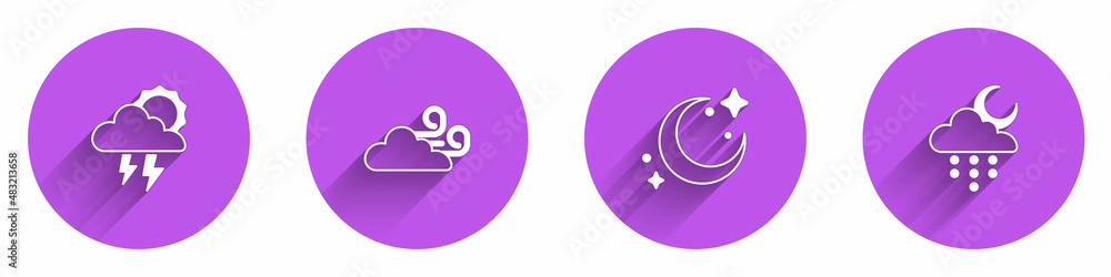 Set Storm, Windy weather, Moon and stars and Cloud with rain moon icon with long shadow. Vector