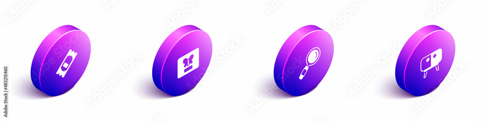 Set Isometric Cinema ticket, Butterfly frame, Magnifying glass and TV table stand icon. Vector