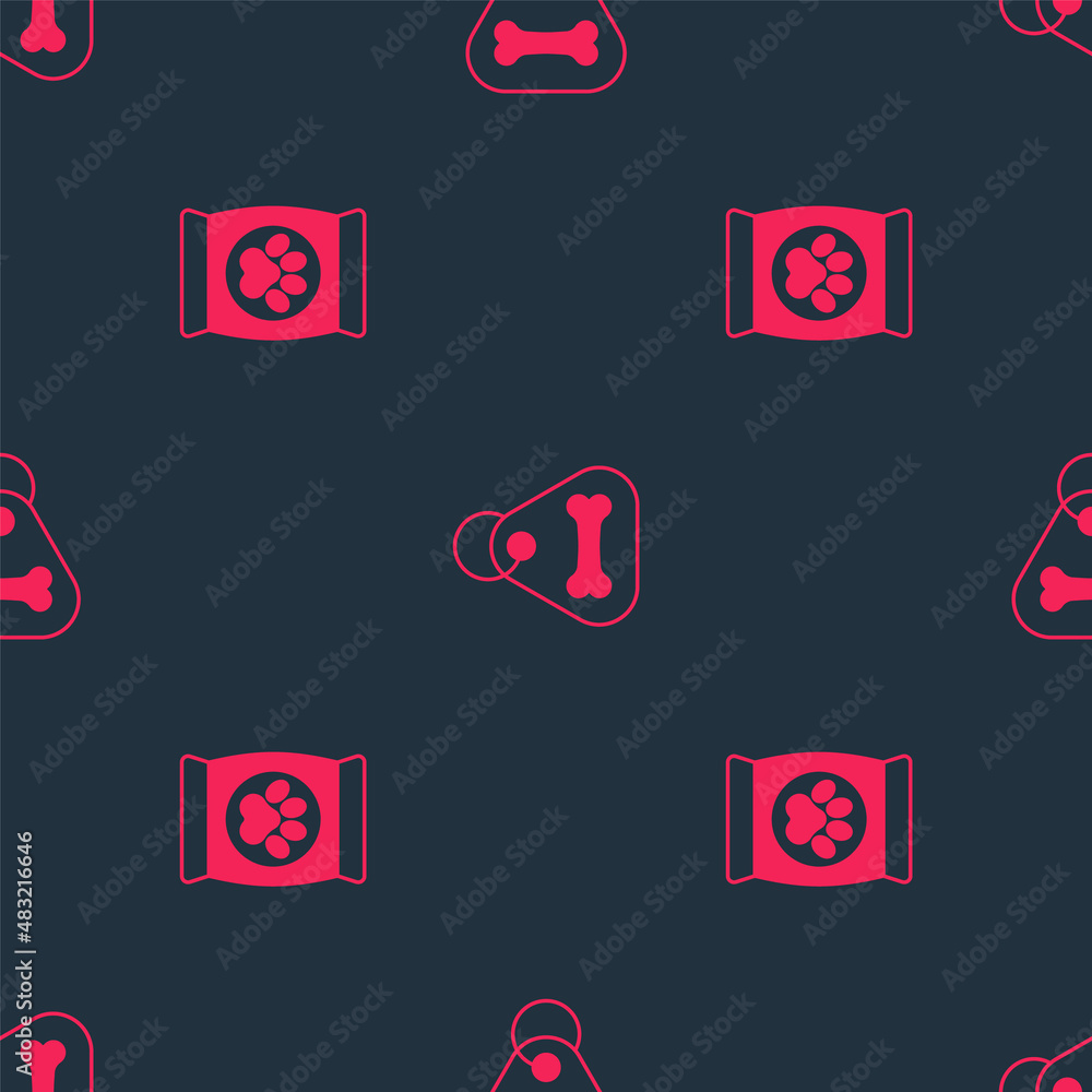 Set Bag of food for pet and Dog collar with bone on seamless pattern. Vector