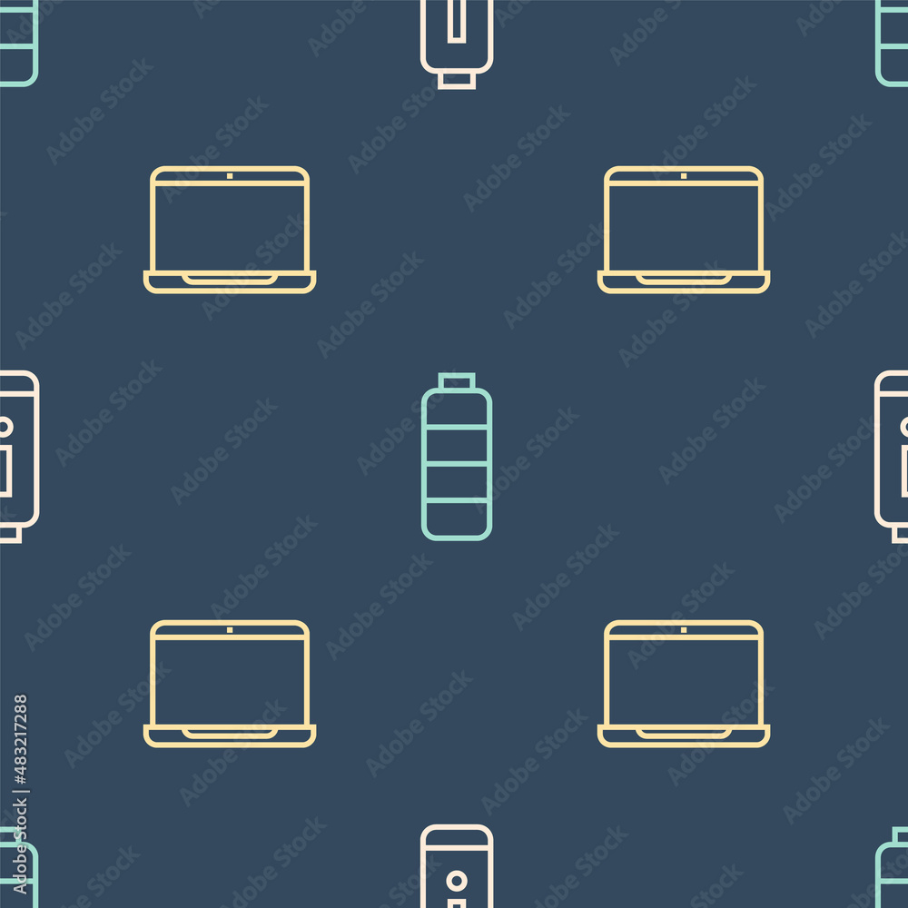 Set line Battery charge level indicator, Laptop and on seamless pattern. Vector