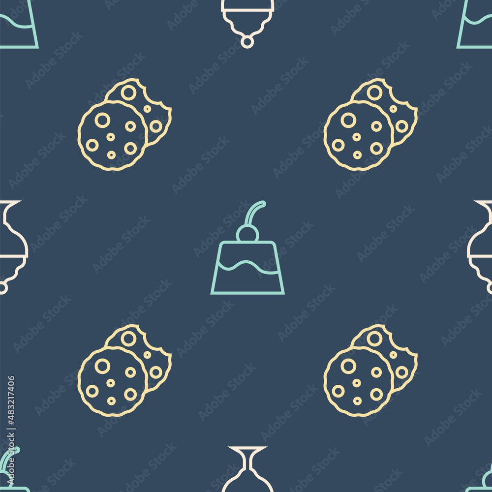 Set line Ice cream in bowl, Cookie or biscuit and Pudding custard on seamless pattern. Vector