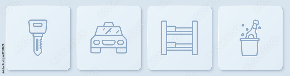 Set line Hotel door lock key, room bed, Taxi car and Bottle of champagne. White square button. Vecto