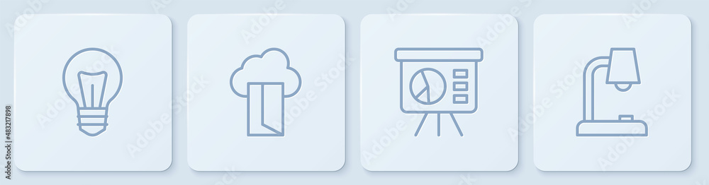 设置线灯泡，带图形的板，云数据库和台灯。白色方形按钮。矢量