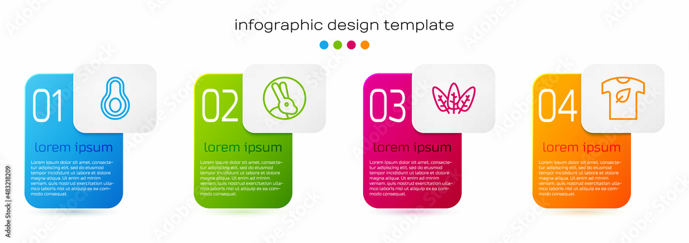 Set line Avocado fruit, Rabbit, Leaf and Vegan shirt. Business infographic template. Vector