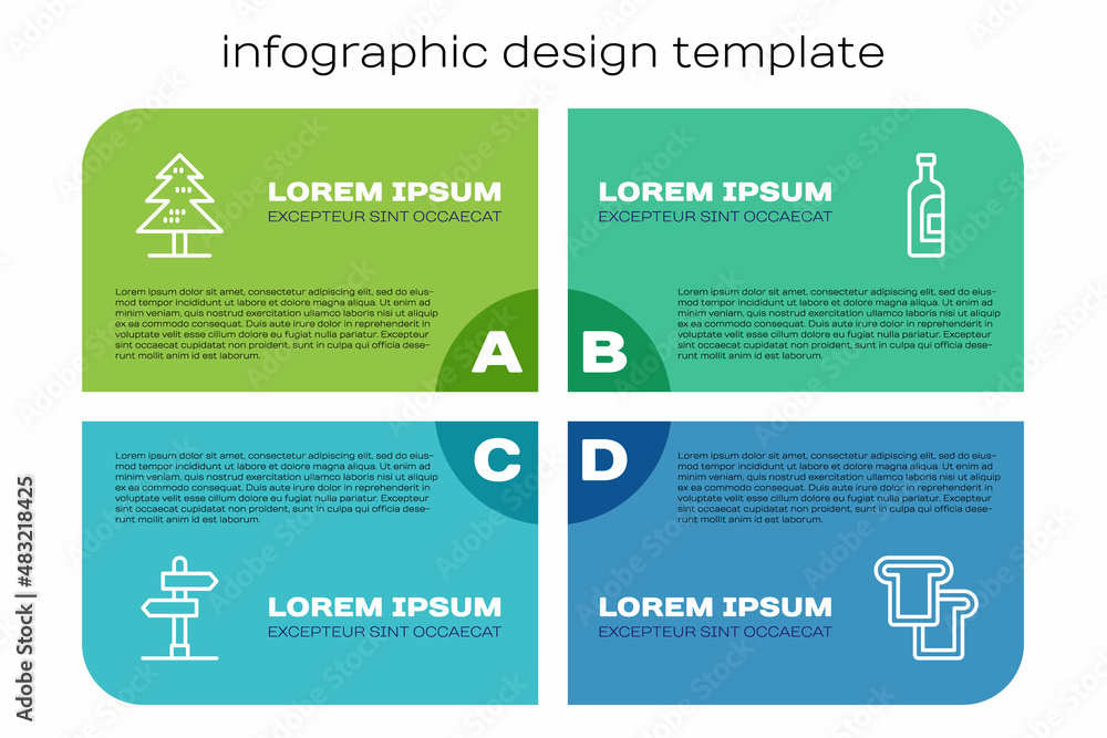设置道路交通标志、树、面包吐司和葡萄酒瓶。商业信息图模板。Vec