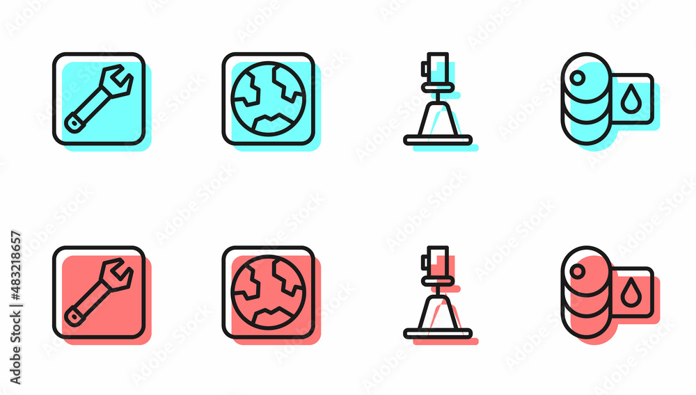 Set line Tacheometer, theodolite, Wrench spanner, Earth globe and Barrel oil icon. Vector