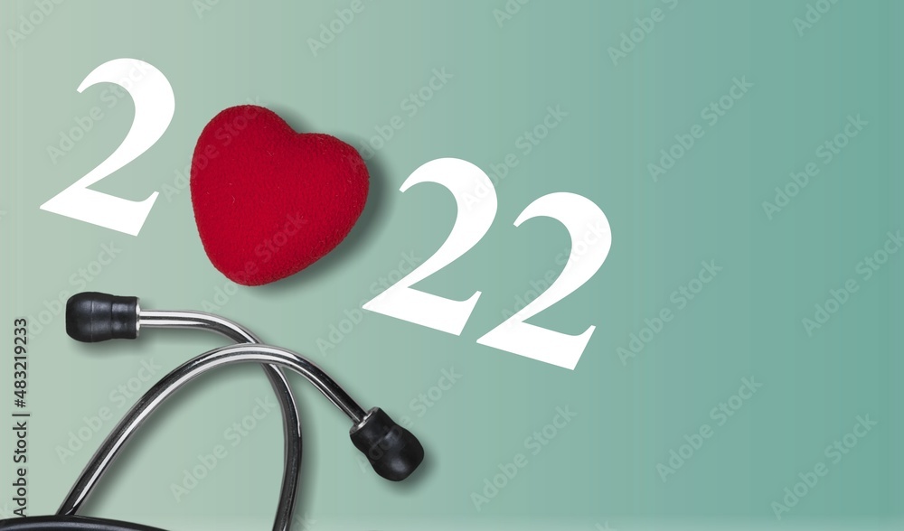 2022 with Red heart with a stethoscope, heart health, health insurance concept,