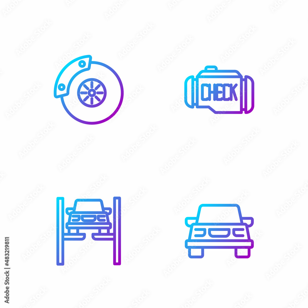 Set line Car, Repair car on lift, brake disk with caliper and Check engine. Gradient color icons. Ve