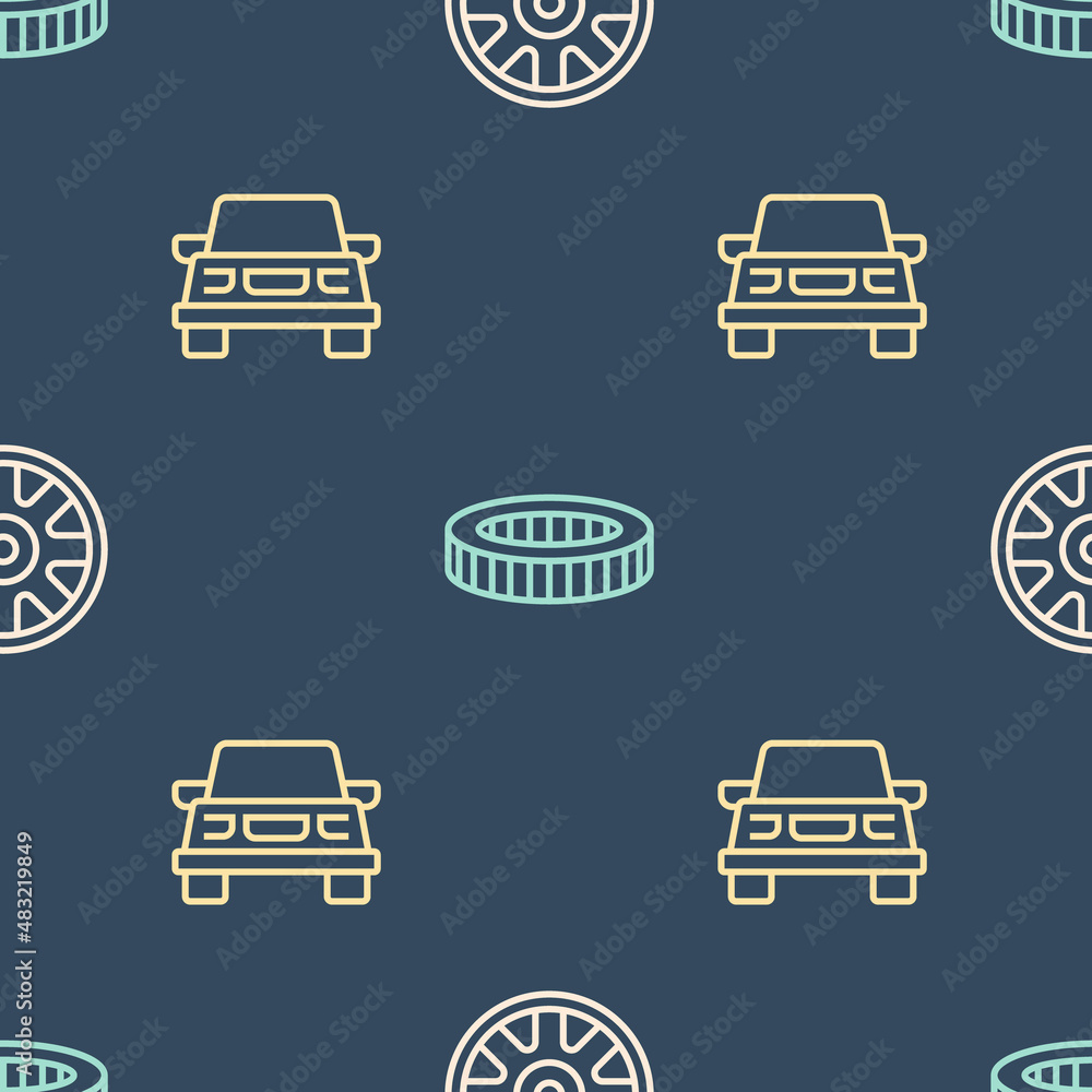 Set line Alloy wheel for car, Car and air filter on seamless pattern. Vector