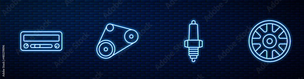 Set line Car spark plug, audio, Timing belt kit and Alloy wheel for car. Glowing neon icon on brick 