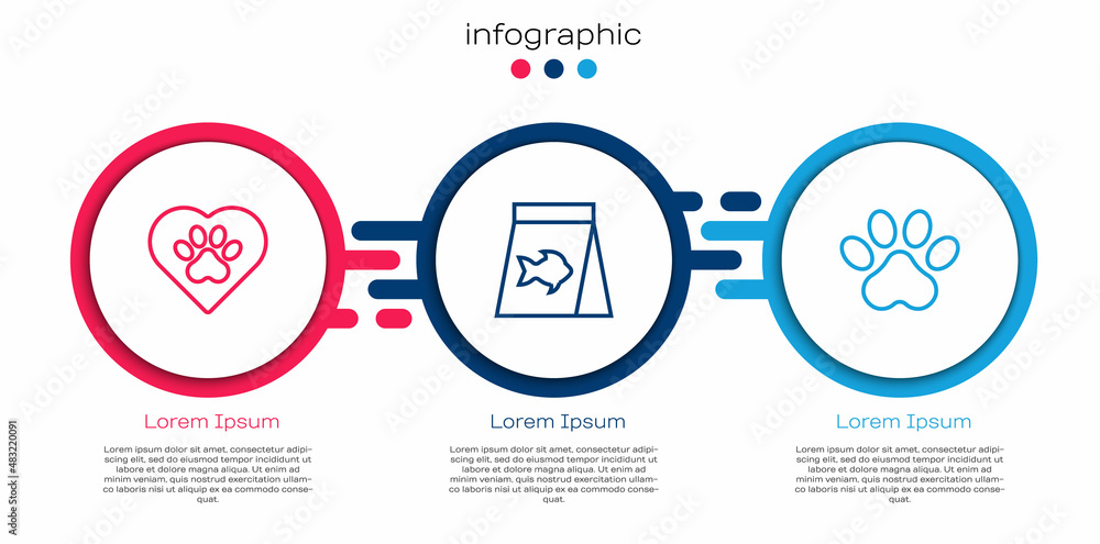 Set line Heart with animals footprint, Food for fish and Paw. Business infographic template. Vector