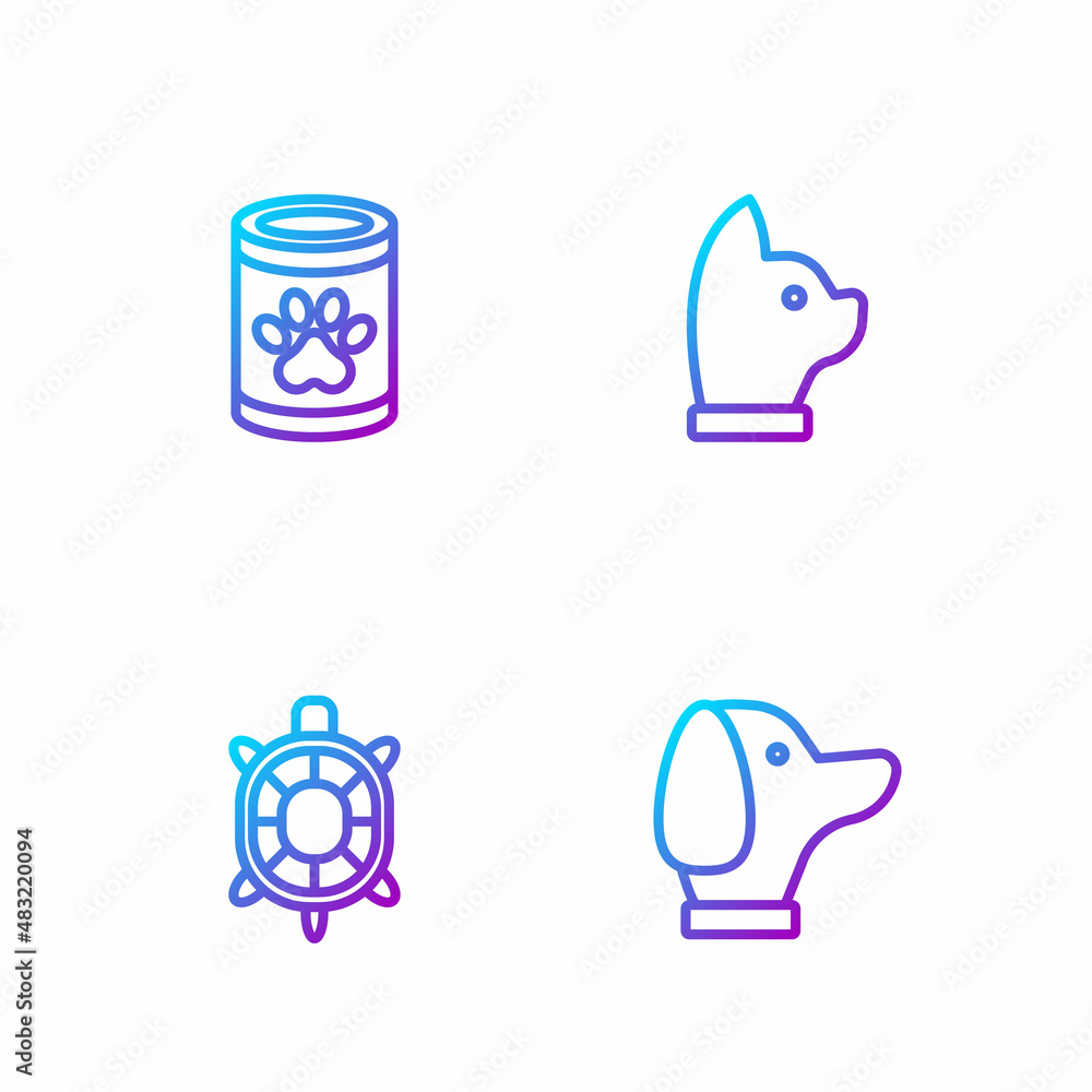 Set line Dog, Turtle, Canned food and Cat. Gradient color icons. Vector